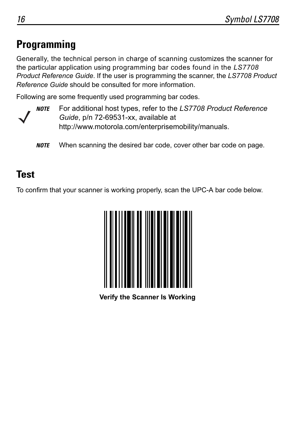 Programming, Test | Motorola LS7708 User Manual | Page 16 / 36