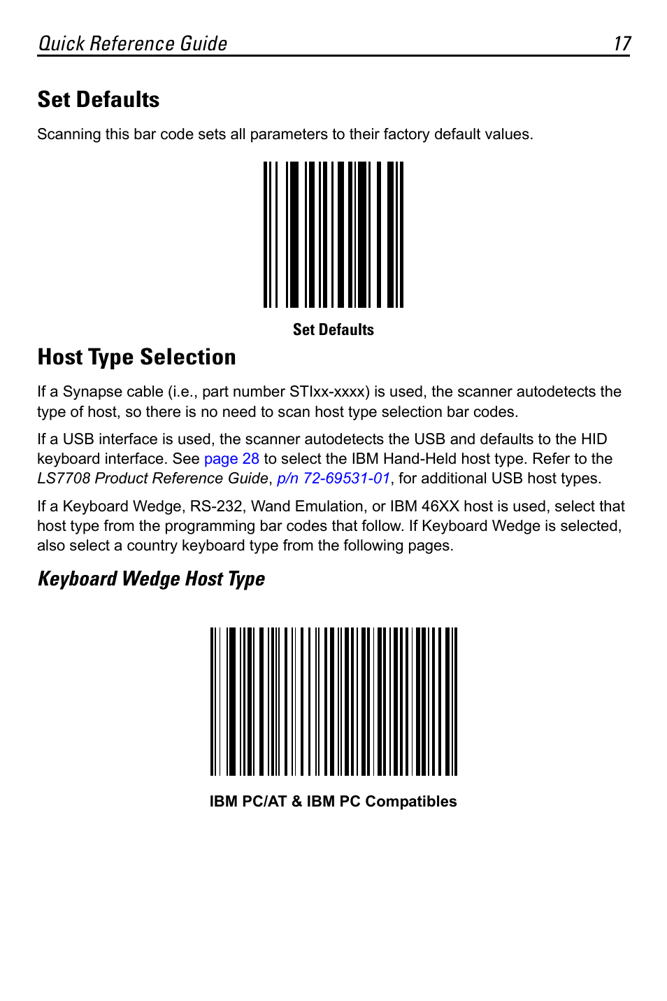 Set defaults, Host type selection, Keyboard wedge host type | Quick reference guide 17 | Motorola LS7708 User Manual | Page 17 / 36