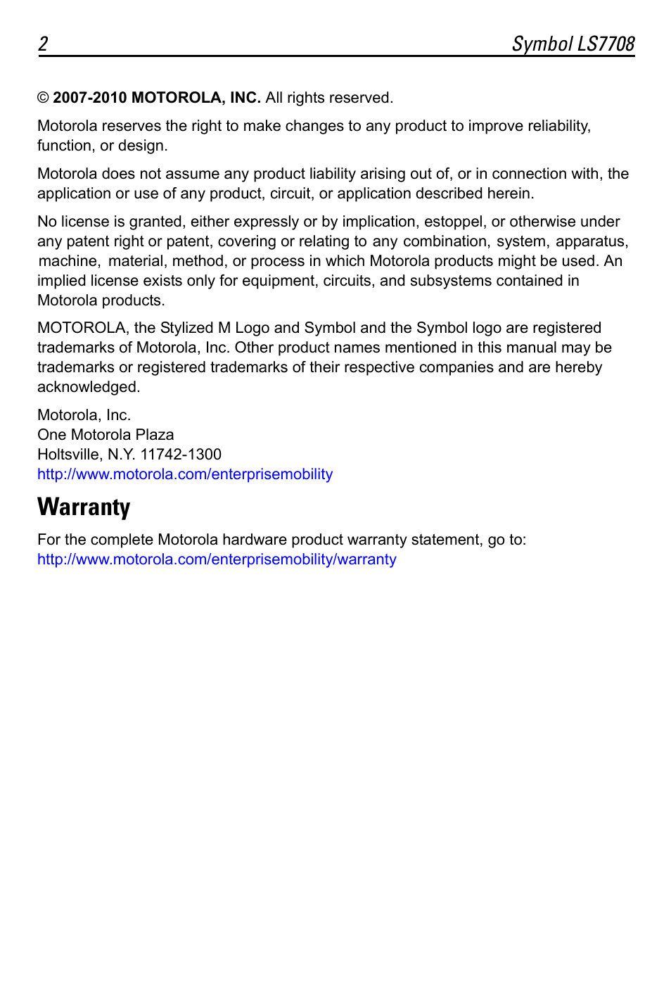 Warranty | Motorola LS7708 User Manual | Page 2 / 36