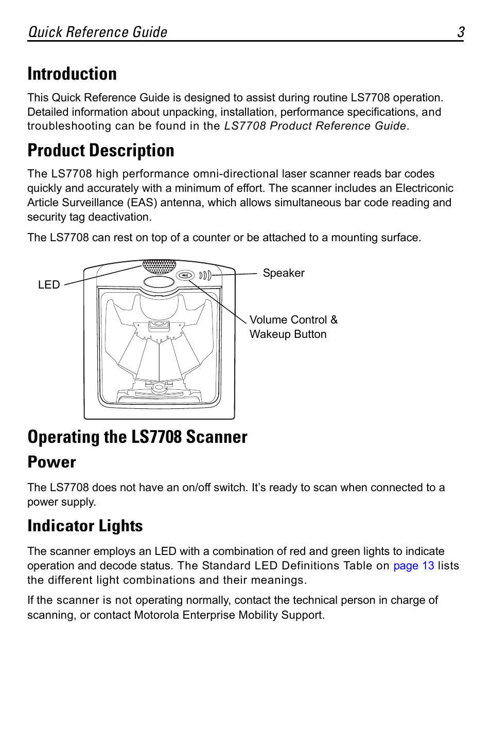 Introduction, Product description, Operating the ls7708 scanner | Power, Indicator lights | Motorola LS7708 User Manual | Page 3 / 36