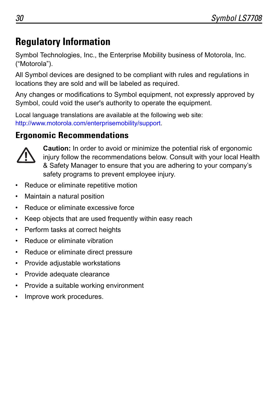 Regulatory information | Motorola LS7708 User Manual | Page 30 / 36