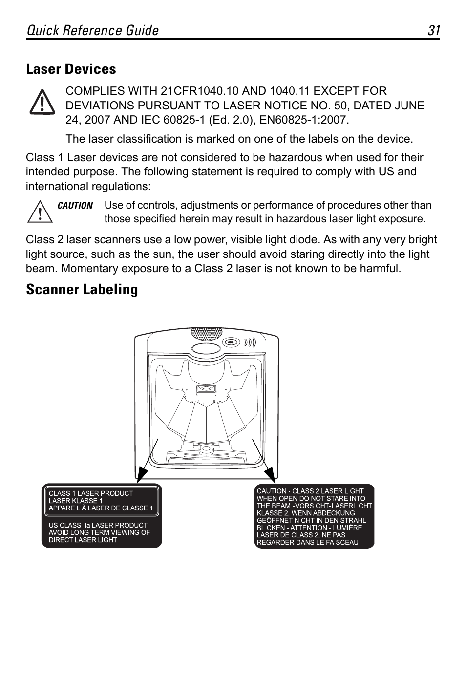 Quick reference guide 31 laser devices, Scanner labeling | Motorola LS7708 User Manual | Page 31 / 36