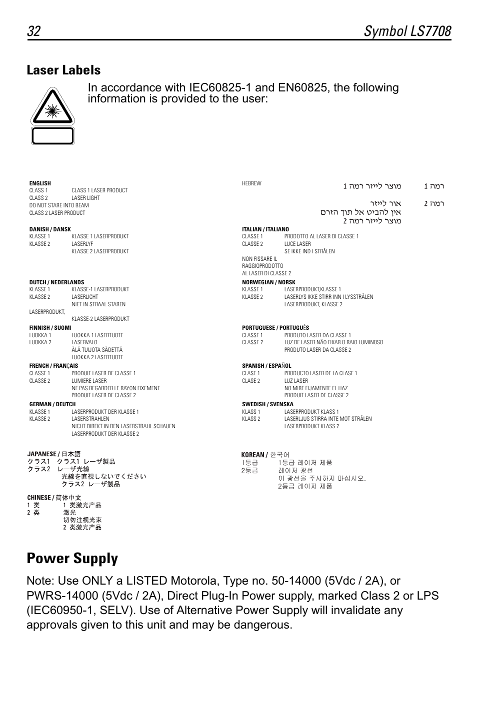 Laser labels, Power supply | Motorola LS7708 User Manual | Page 32 / 36