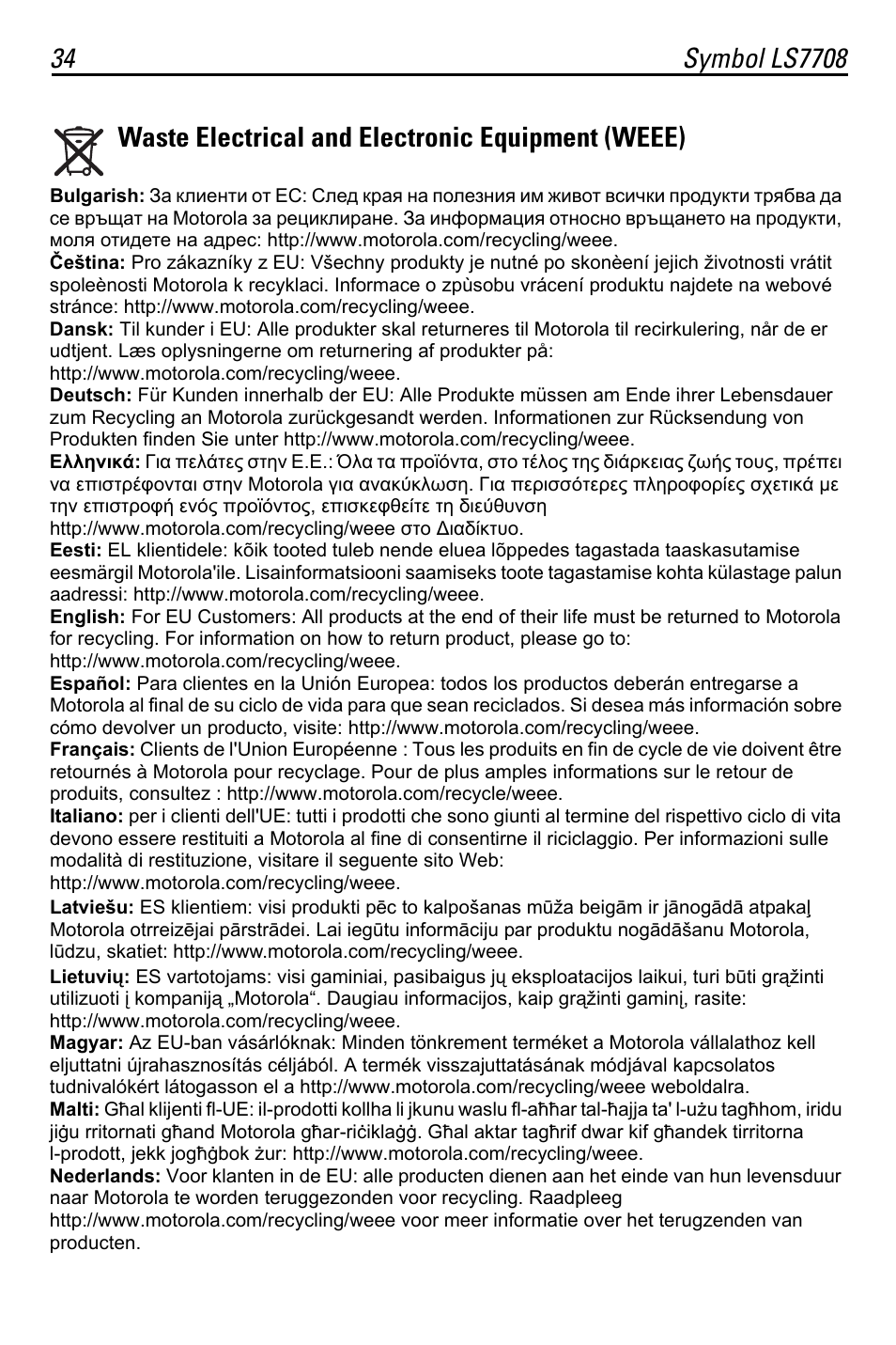 Waste electrical and electronic equipment (weee) | Motorola LS7708 User Manual | Page 34 / 36