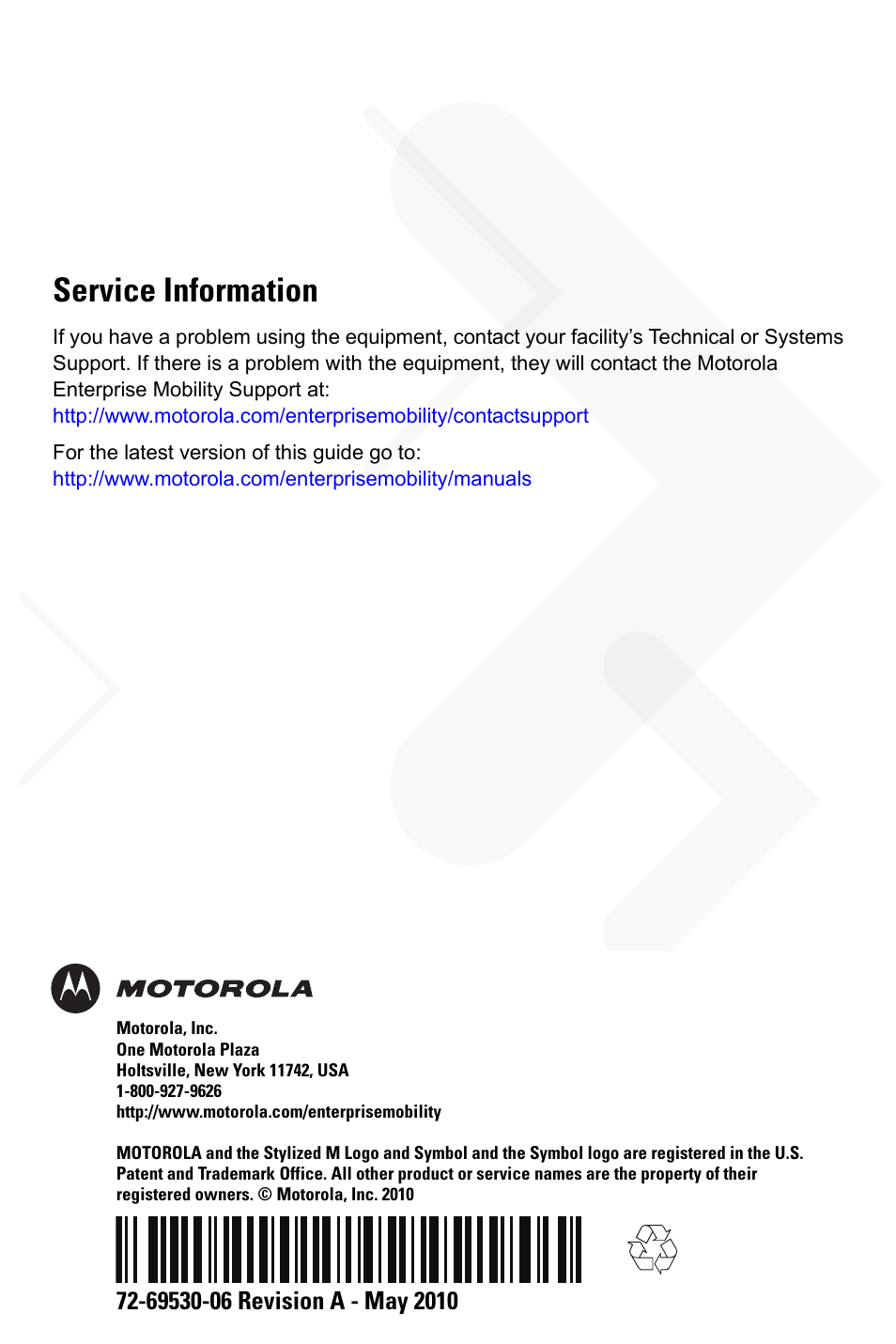 Service information | Motorola LS7708 User Manual | Page 36 / 36