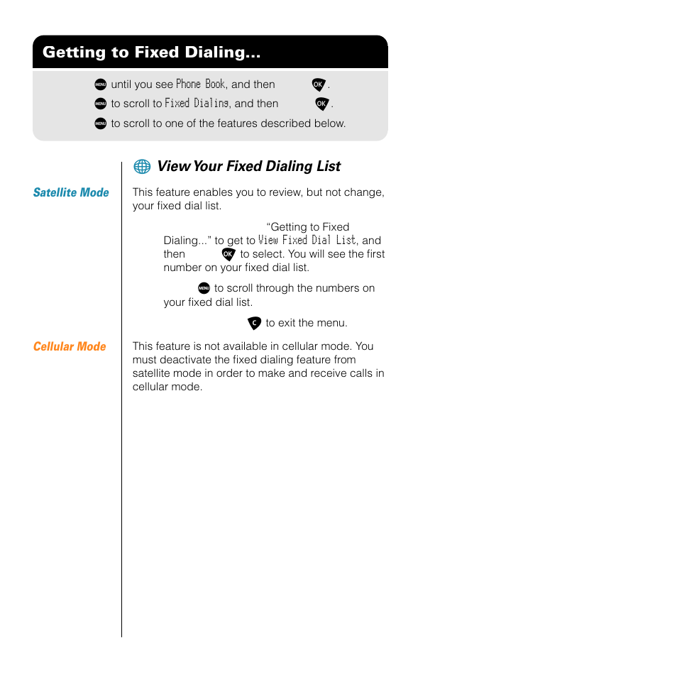 Getting to fixed dialing, View your fixed dialing list | Motorola SATELLITE 9505 User Manual | Page 100 / 228