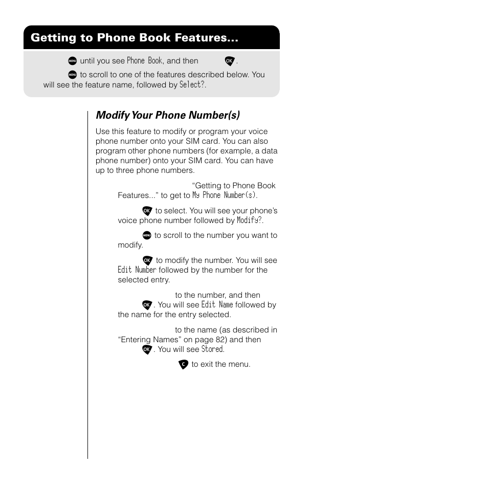 Getting to phone book features, Modify your phone number(s) | Motorola SATELLITE 9505 User Manual | Page 104 / 228