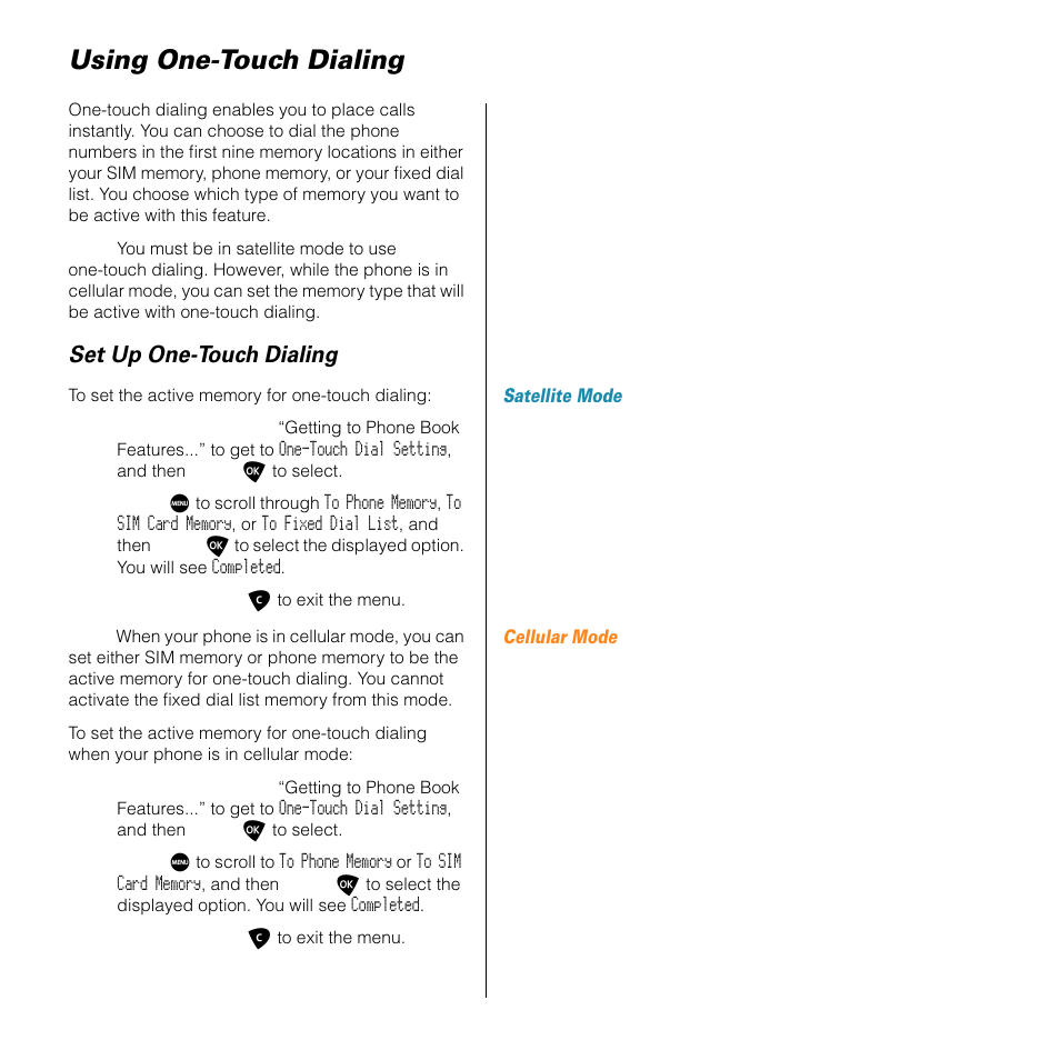 Using onetouch dialing, Using one-touch dialing, Set up one-touch dialing | Motorola SATELLITE 9505 User Manual | Page 105 / 228