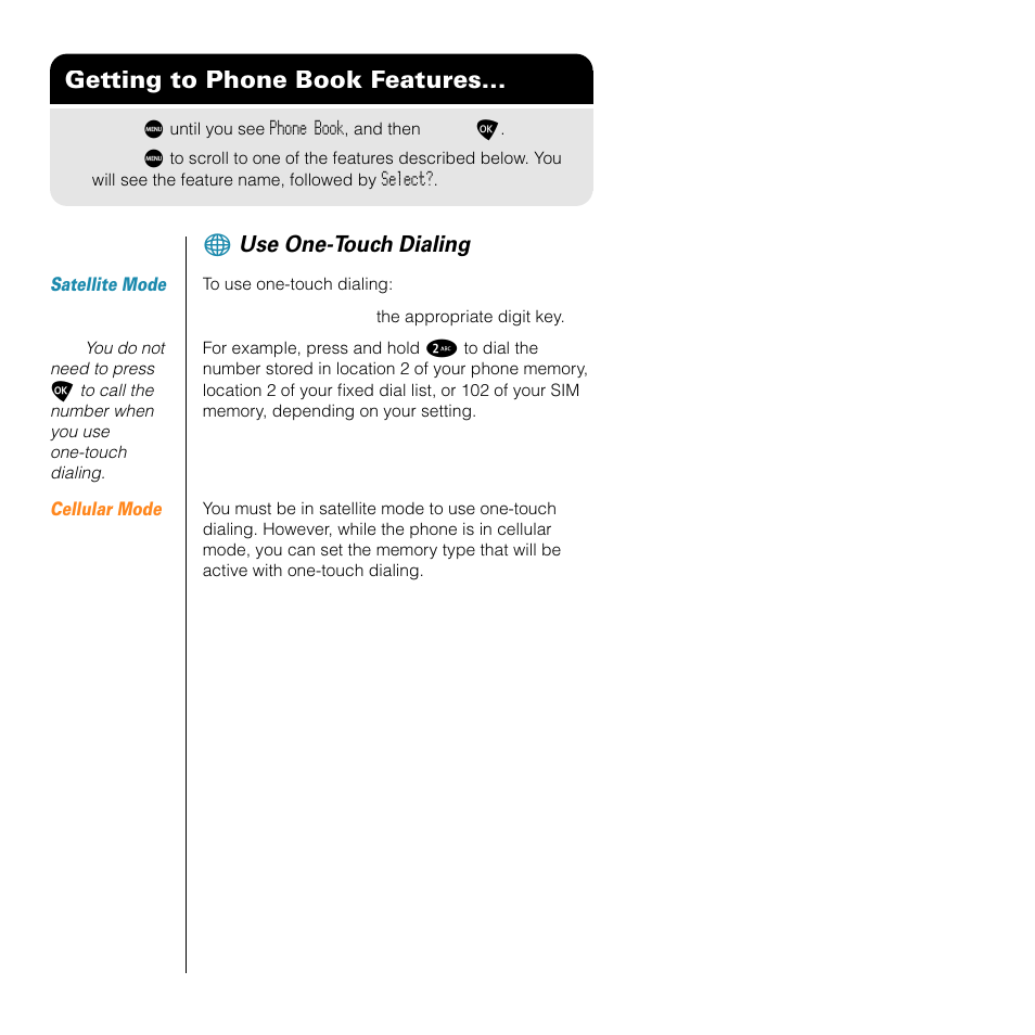 Getting to phone book features, Use one-touch dialing | Motorola SATELLITE 9505 User Manual | Page 106 / 228