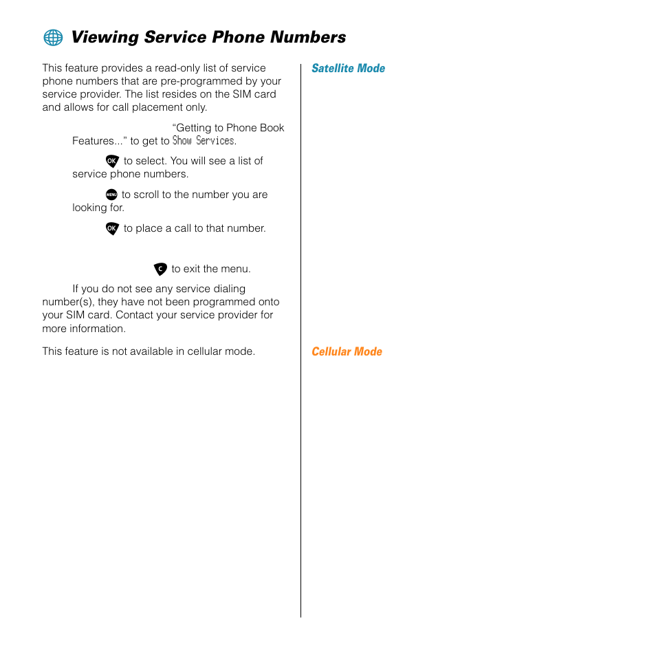 Viewing service phone numbers | Motorola SATELLITE 9505 User Manual | Page 107 / 228