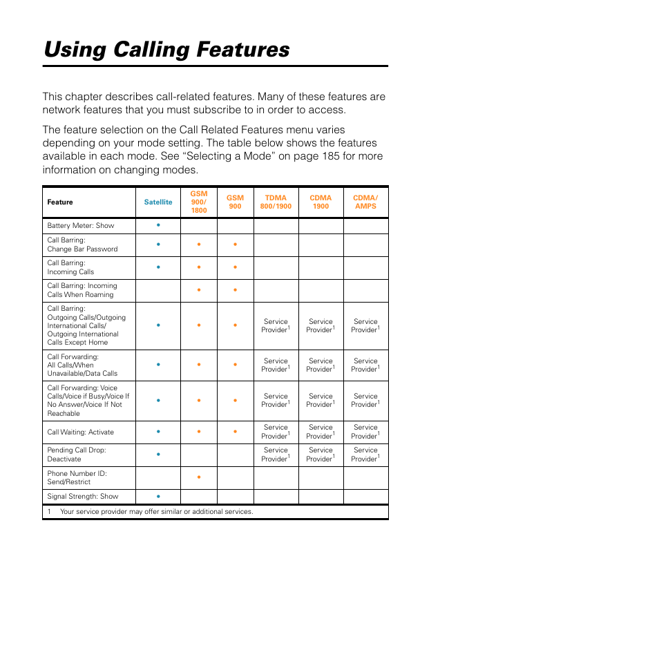 Using calling features | Motorola SATELLITE 9505 User Manual | Page 109 / 228