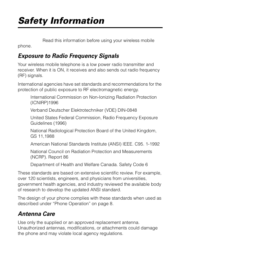 Safety information, Exposure to radio frequency signals, Antenna care | Motorola SATELLITE 9505 User Manual | Page 11 / 228