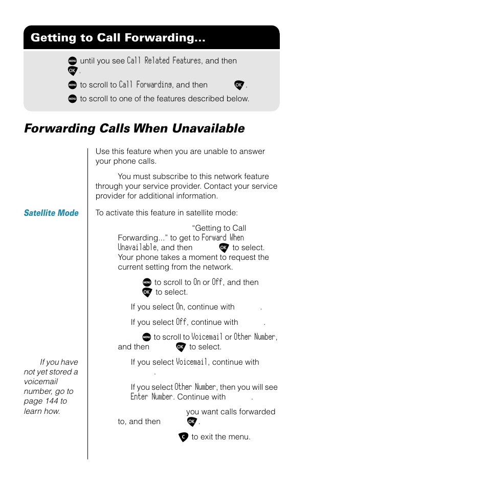 Forwarding calls when unavailable, Getting to call forwarding | Motorola SATELLITE 9505 User Manual | Page 112 / 228