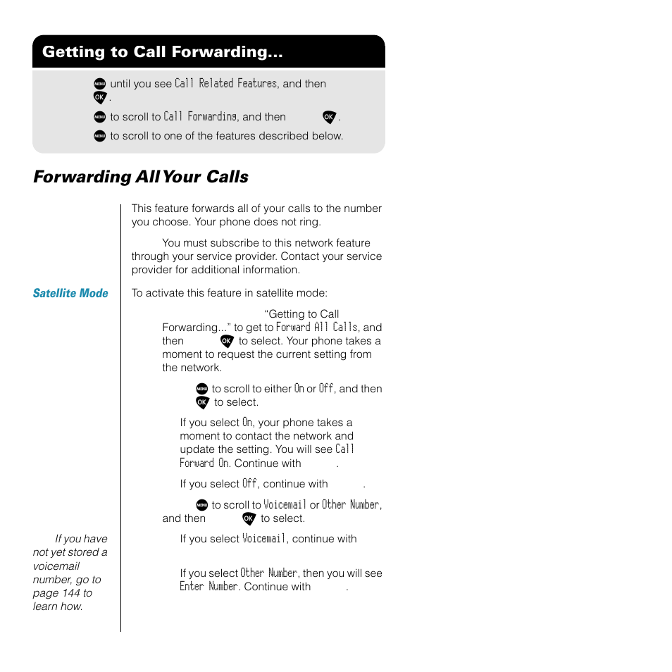 Forwarding all your calls, Getting to call forwarding | Motorola SATELLITE 9505 User Manual | Page 114 / 228