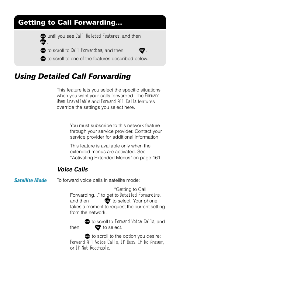 Using detailed call forwarding, Getting to call forwarding, Voice calls | Motorola SATELLITE 9505 User Manual | Page 116 / 228