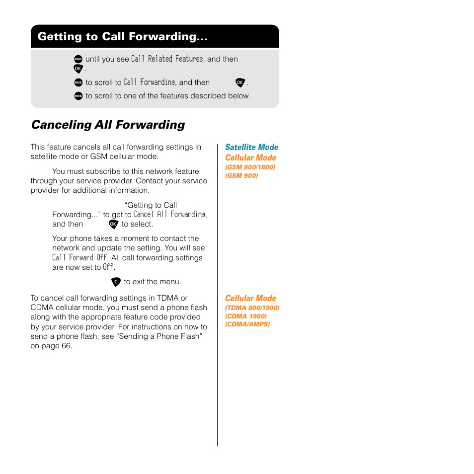 Canceling all forwarding, Getting to call forwarding | Motorola SATELLITE 9505 User Manual | Page 119 / 228