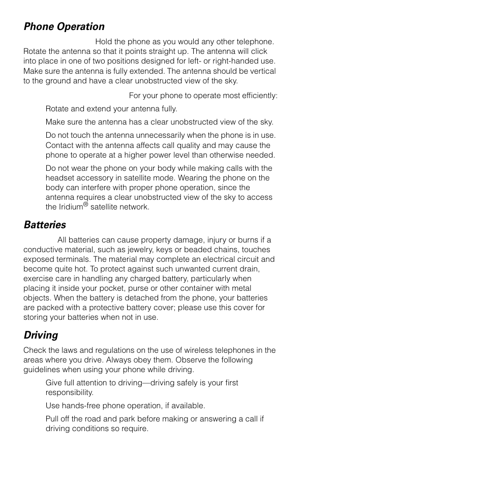 Phone operation, Batteries, Driving | Motorola SATELLITE 9505 User Manual | Page 12 / 228