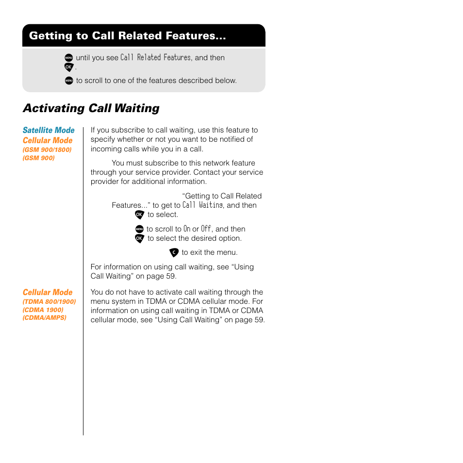Activating call waiting, Getting to call related features | Motorola SATELLITE 9505 User Manual | Page 120 / 228