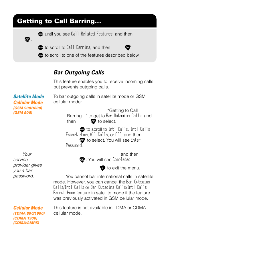 Getting to call barring, Bar outgoing calls | Motorola SATELLITE 9505 User Manual | Page 122 / 228