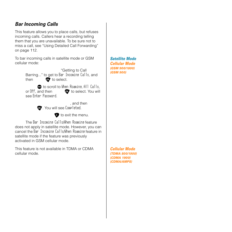 Bar incoming calls | Motorola SATELLITE 9505 User Manual | Page 123 / 228