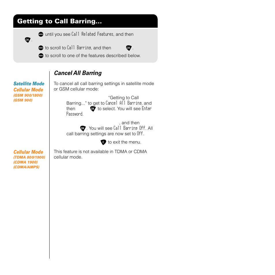 Getting to call barring, Cancel all barring | Motorola SATELLITE 9505 User Manual | Page 124 / 228