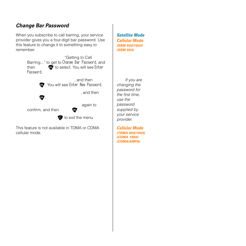 Change bar password | Motorola SATELLITE 9505 User Manual | Page 125 / 228