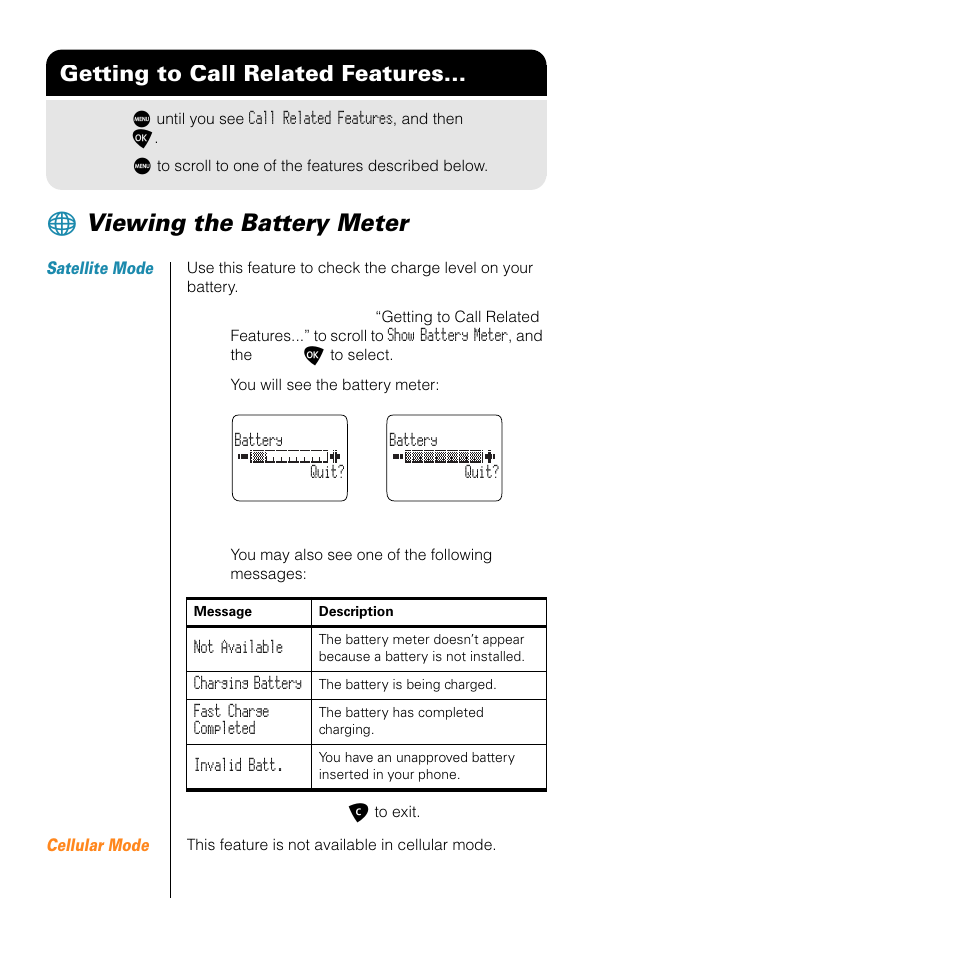 Viewing the battery meter, Getting to call related features | Motorola SATELLITE 9505 User Manual | Page 126 / 228