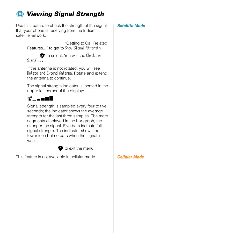 Viewing signal strength | Motorola SATELLITE 9505 User Manual | Page 127 / 228