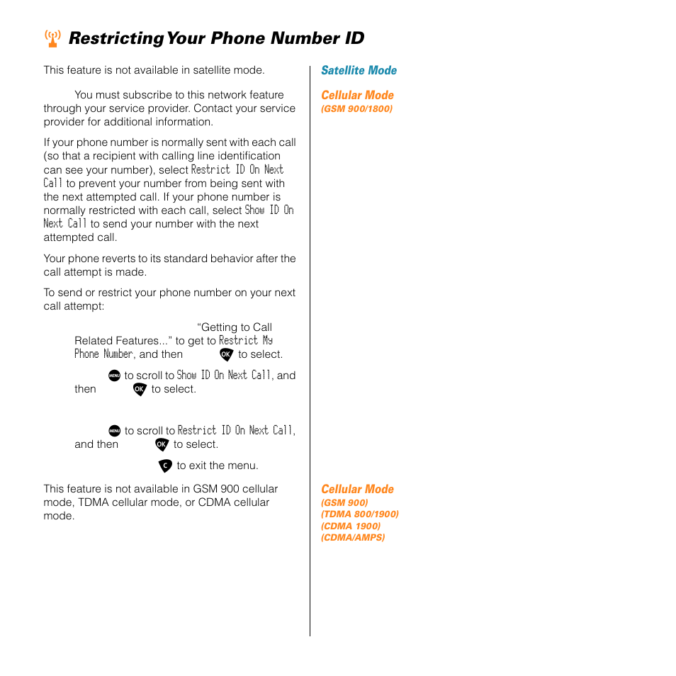 Restricting your phone number id, Rrestricting your phone number id | Motorola SATELLITE 9505 User Manual | Page 129 / 228