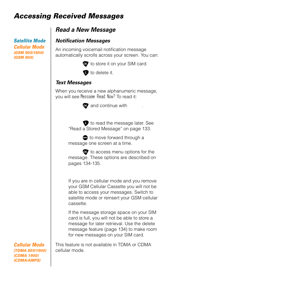 Accessing received messages, Read a new message | Motorola SATELLITE 9505 User Manual | Page 136 / 228