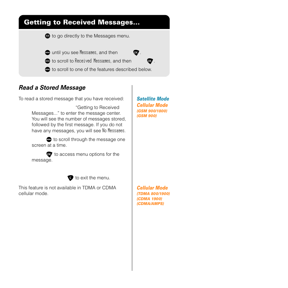 Getting to received messages, Read a stored message | Motorola SATELLITE 9505 User Manual | Page 137 / 228