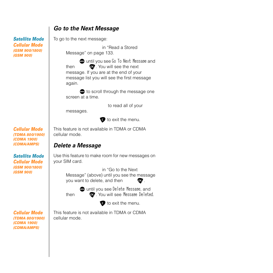 Go to the next message, Delete a message | Motorola SATELLITE 9505 User Manual | Page 138 / 228