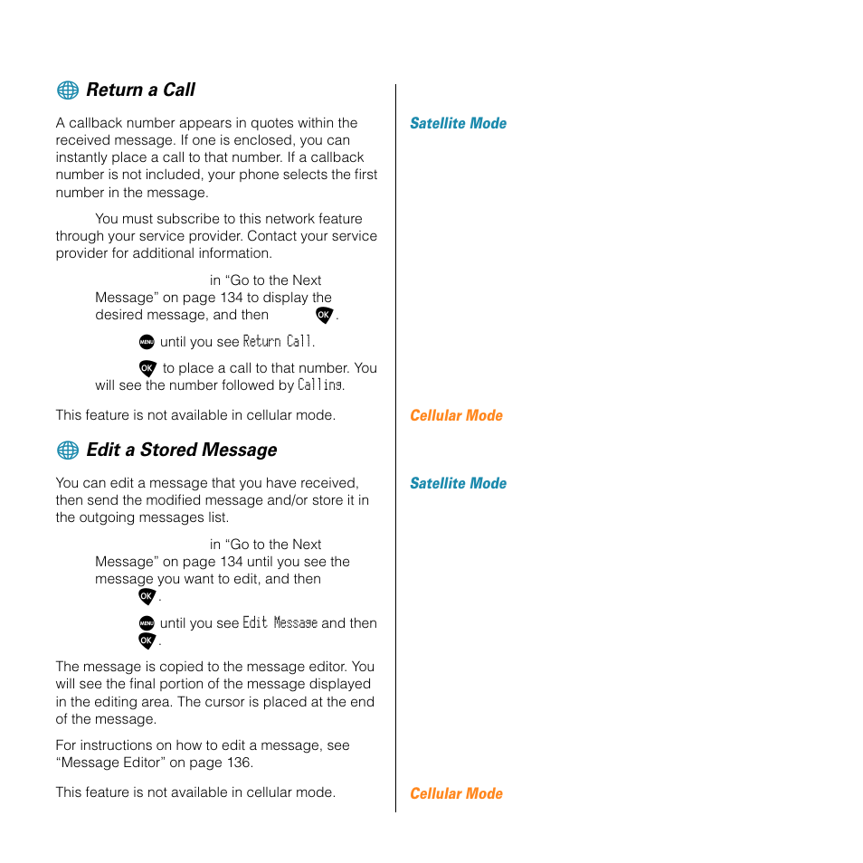 Return a call, Edit a stored message | Motorola SATELLITE 9505 User Manual | Page 139 / 228