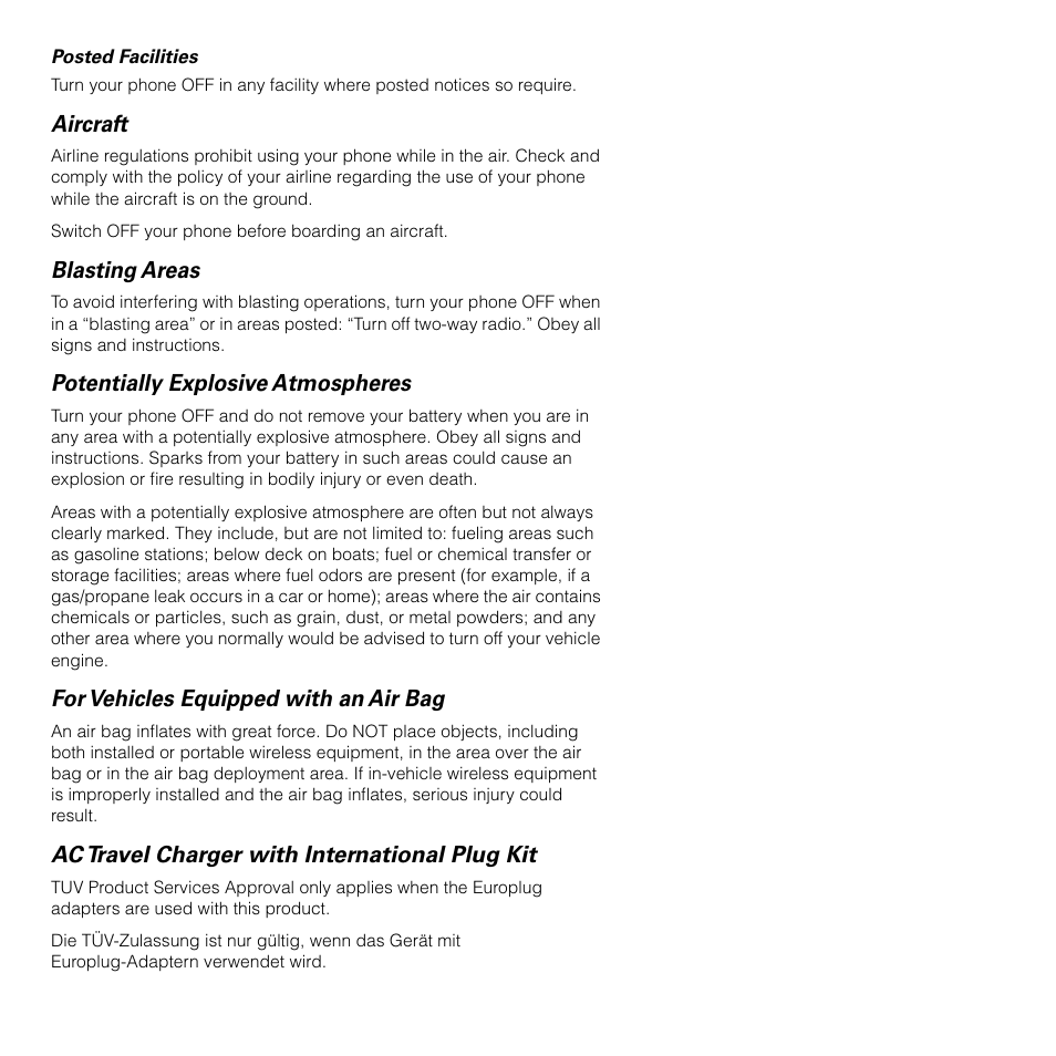 Aircraft, Blasting areas, Potentially explosive atmospheres | For vehicles equipped with an air bag, Ac travel charger with international plug kit | Motorola SATELLITE 9505 User Manual | Page 14 / 228