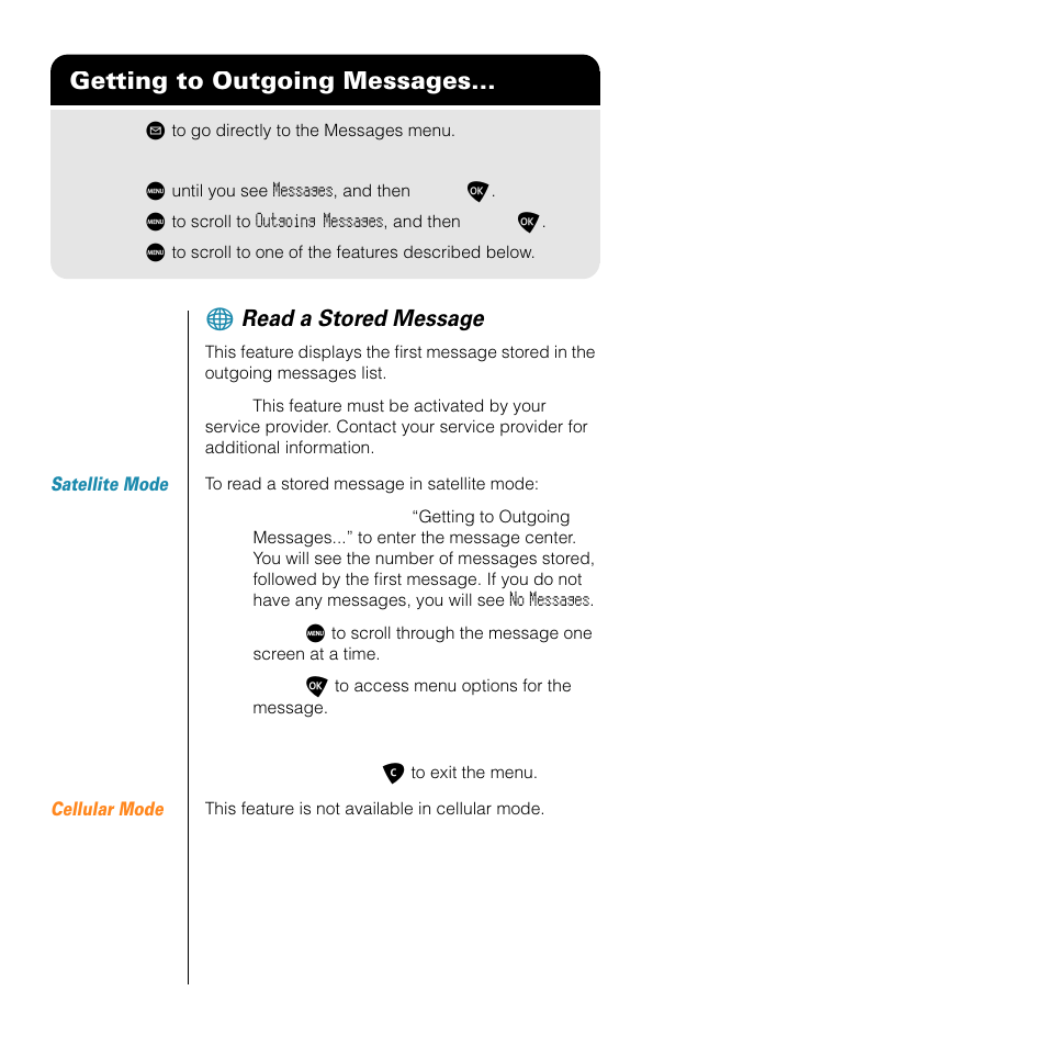 Getting to outgoing messages, Read a stored message | Motorola SATELLITE 9505 User Manual | Page 144 / 228