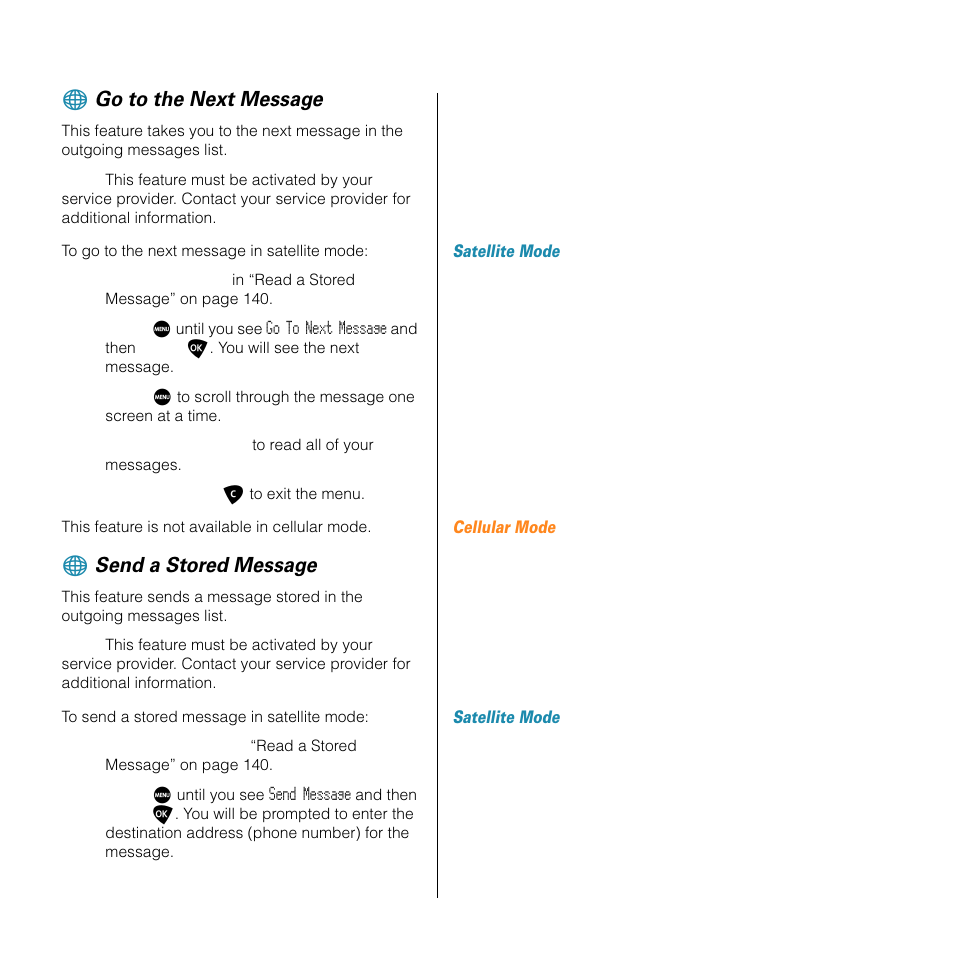 Go to the next message, Send a stored message | Motorola SATELLITE 9505 User Manual | Page 145 / 228