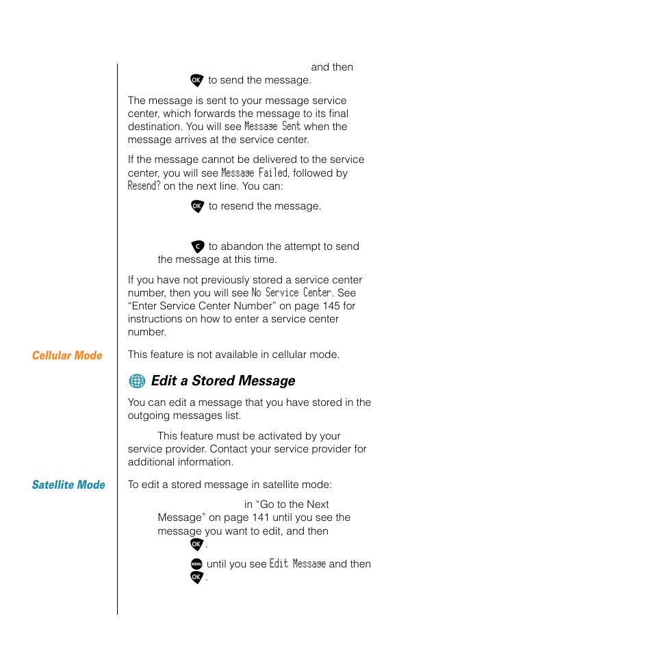 Edit a stored message | Motorola SATELLITE 9505 User Manual | Page 146 / 228