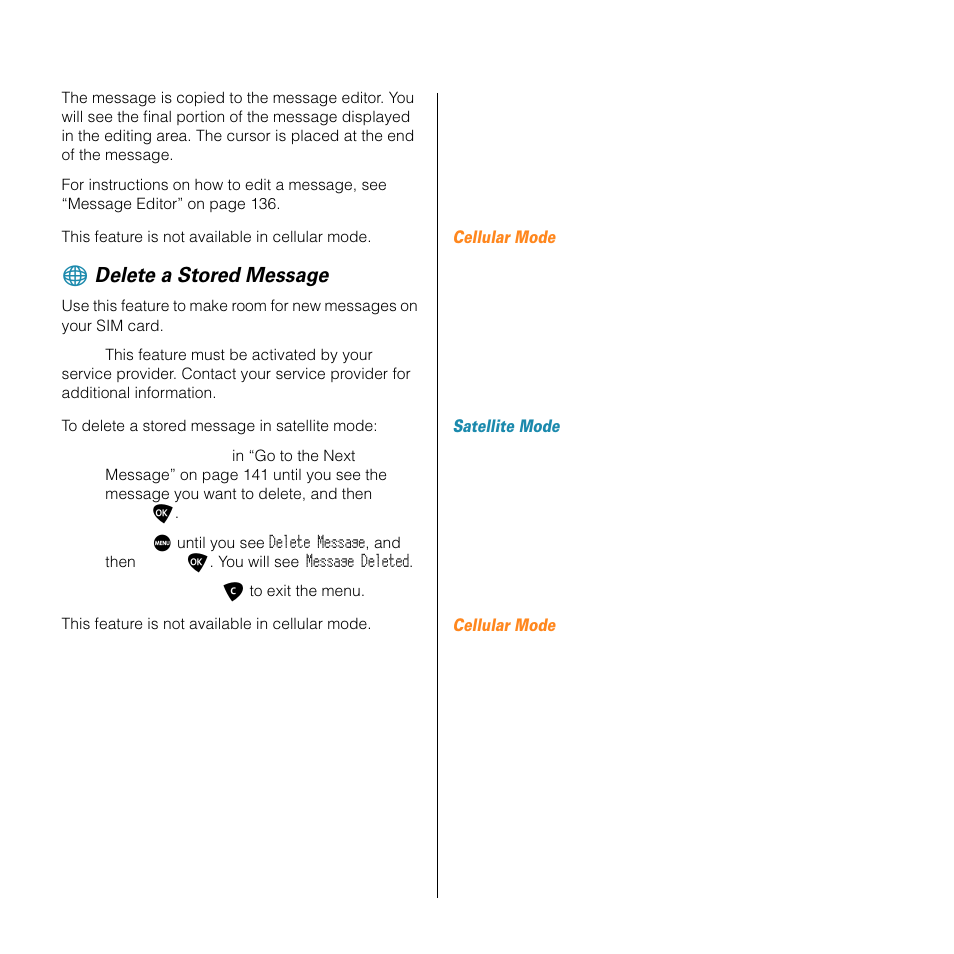 Delete a stored message | Motorola SATELLITE 9505 User Manual | Page 147 / 228