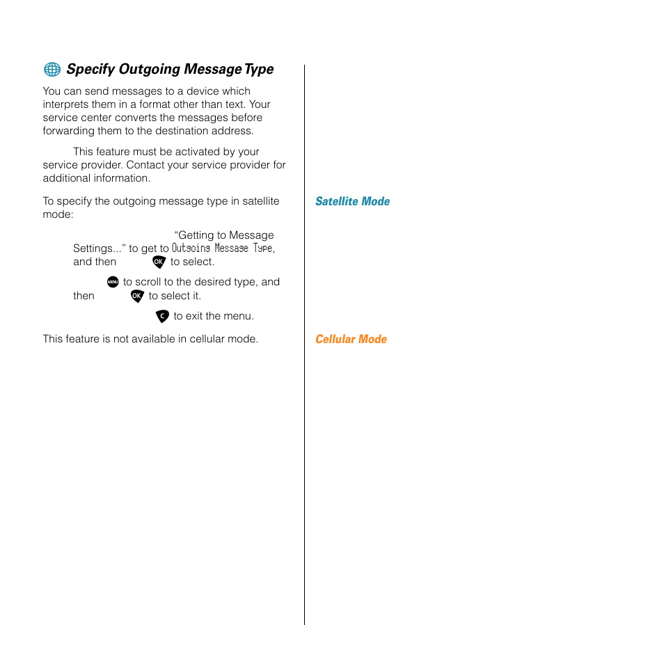 Specify outgoing message type | Motorola SATELLITE 9505 User Manual | Page 151 / 228