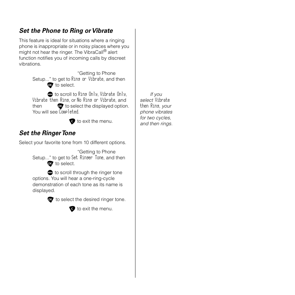Set the phone to ring or vibrate, Set the ringer tone | Motorola SATELLITE 9505 User Manual | Page 157 / 228