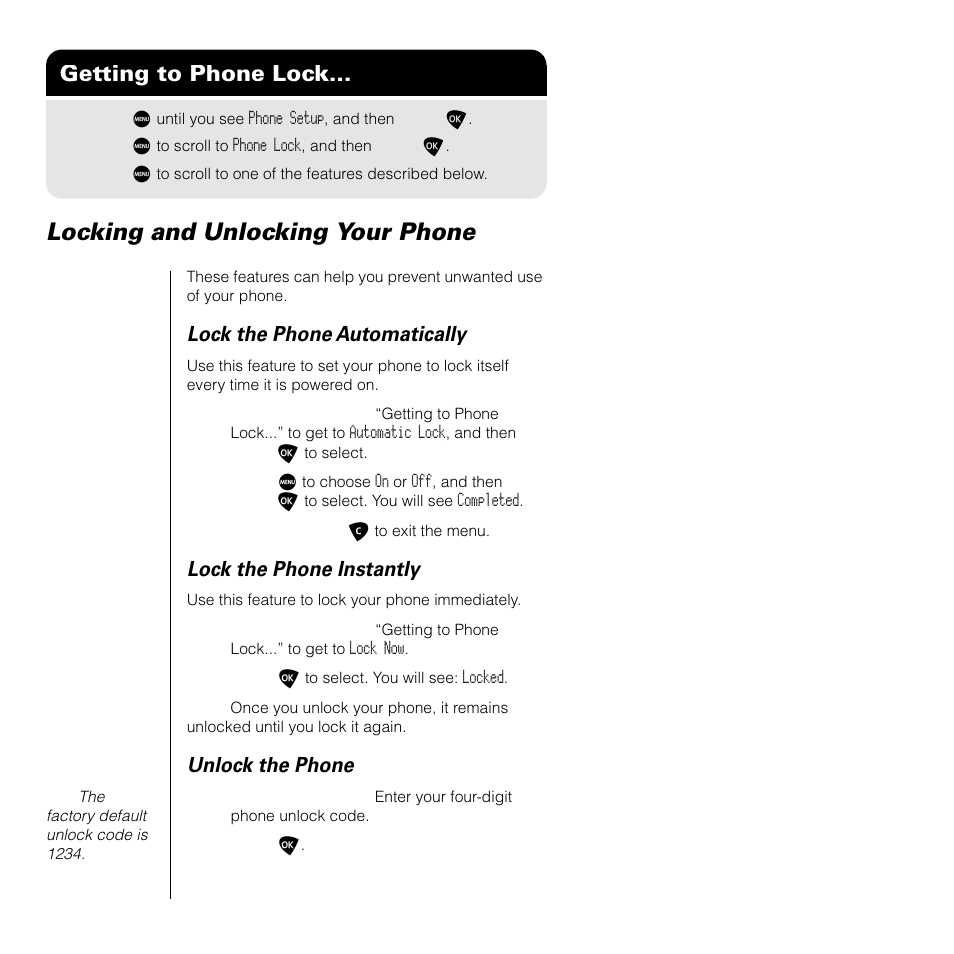 Locking and unlocking your phone, Getting to phone lock, Lock the phone automatically | Lock the phone instantly, Unlock the phone | Motorola SATELLITE 9505 User Manual | Page 158 / 228