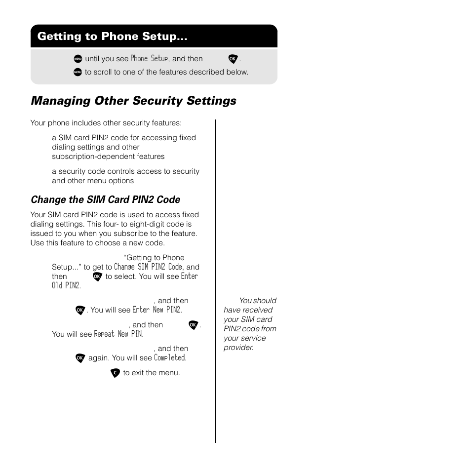 Managing other security settings, Getting to phone setup, Change the sim card pin2 code | Motorola SATELLITE 9505 User Manual | Page 163 / 228