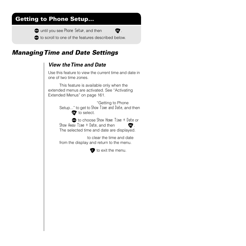 Managing time and date settings, Getting to phone setup, View the time and date | Motorola SATELLITE 9505 User Manual | Page 166 / 228