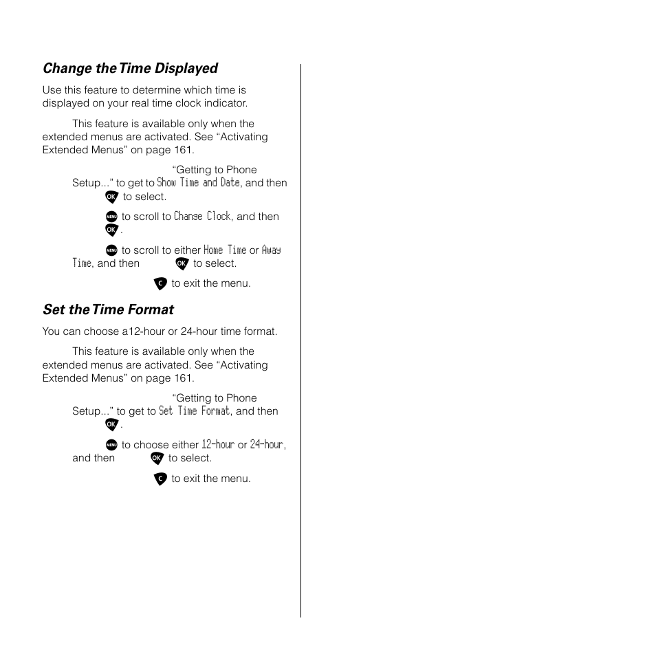 Change the time displayed, Set the time format | Motorola SATELLITE 9505 User Manual | Page 167 / 228