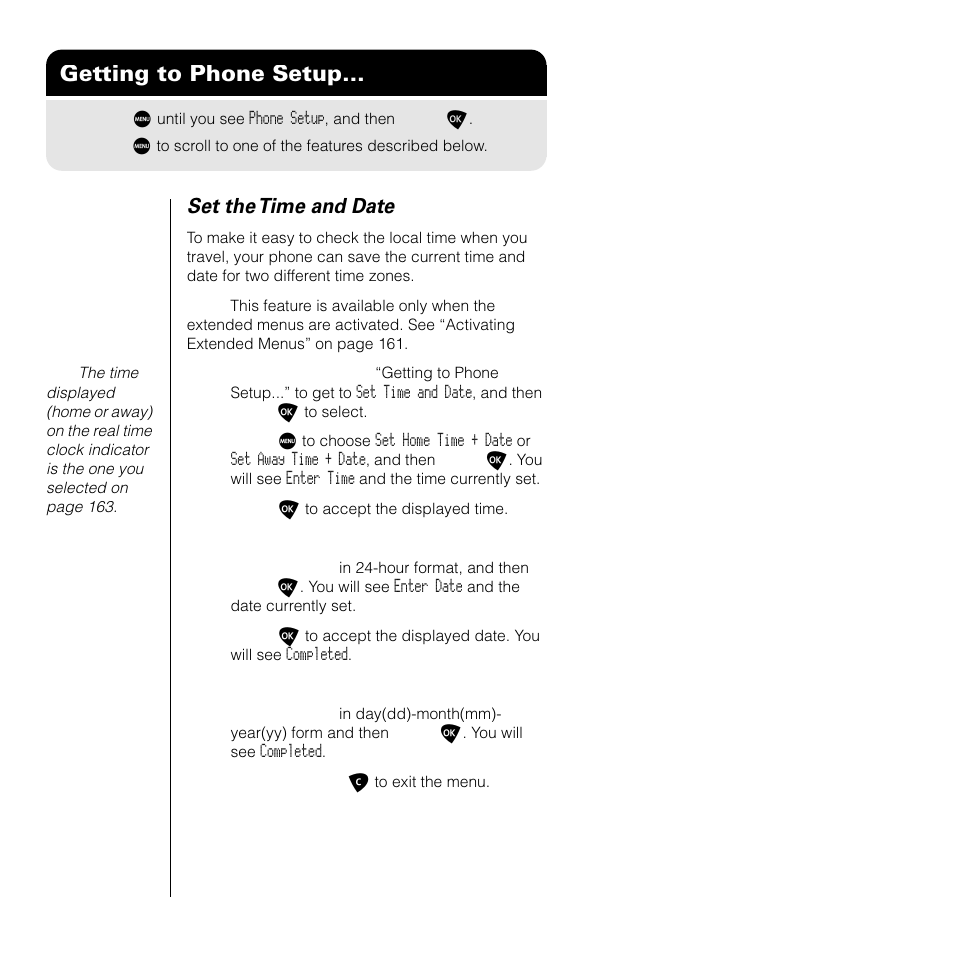 Getting to phone setup, Set the time and date | Motorola SATELLITE 9505 User Manual | Page 168 / 228