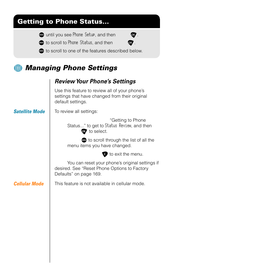 Managing phone settings, Getting to phone status, Review your phone’s settings | Motorola SATELLITE 9505 User Manual | Page 172 / 228