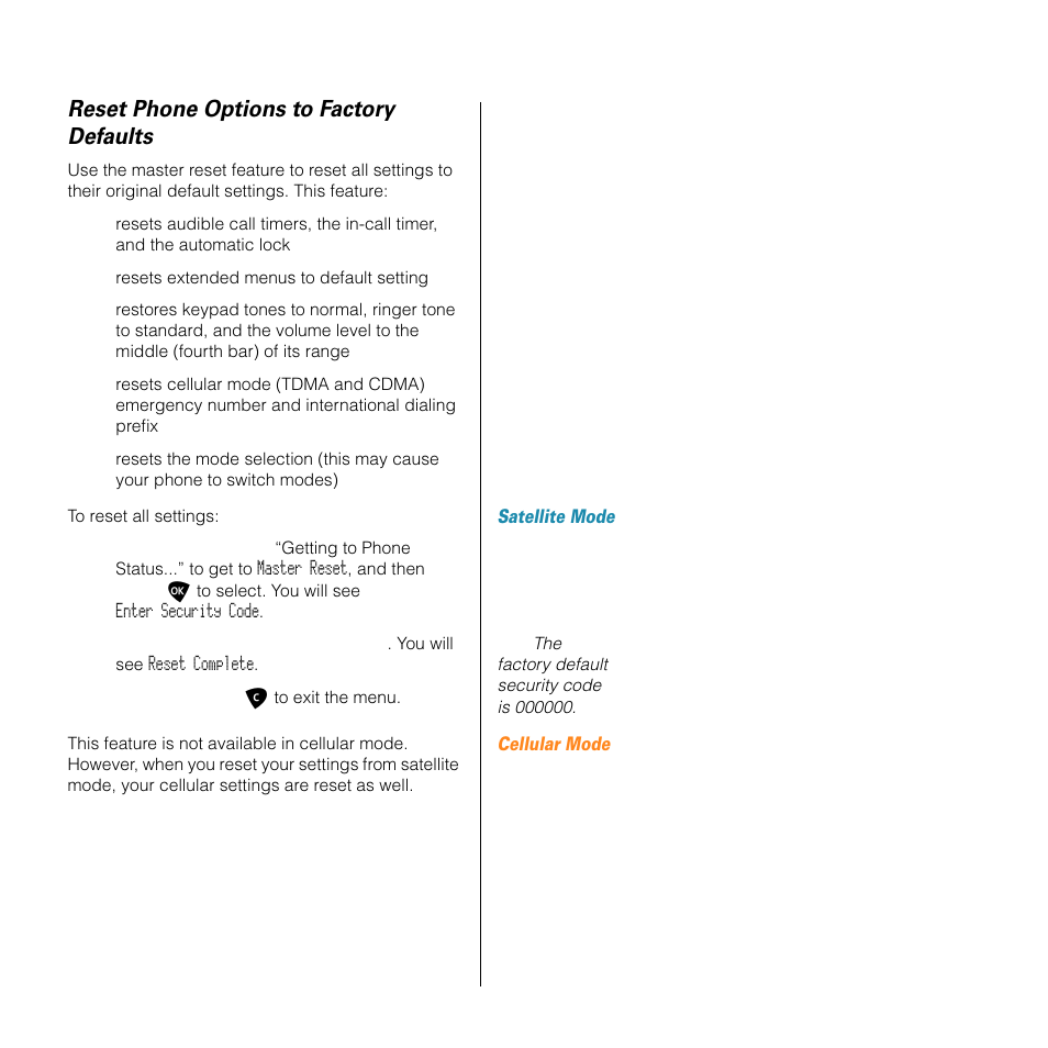 Reset phone options to factory defaults | Motorola SATELLITE 9505 User Manual | Page 173 / 228