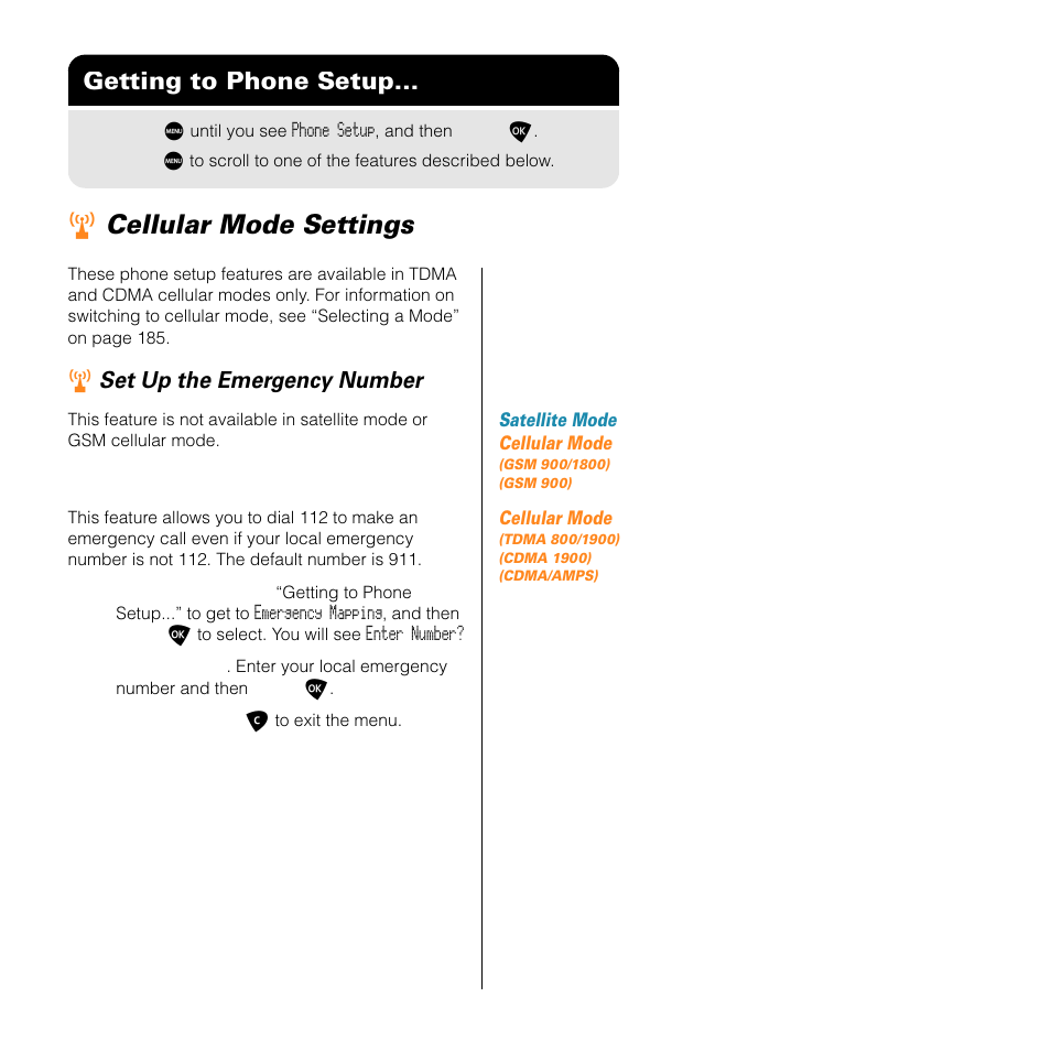 Cellular mode settings, Rcellular mode settings, Getting to phone setup | Set up the emergency number | Motorola SATELLITE 9505 User Manual | Page 175 / 228