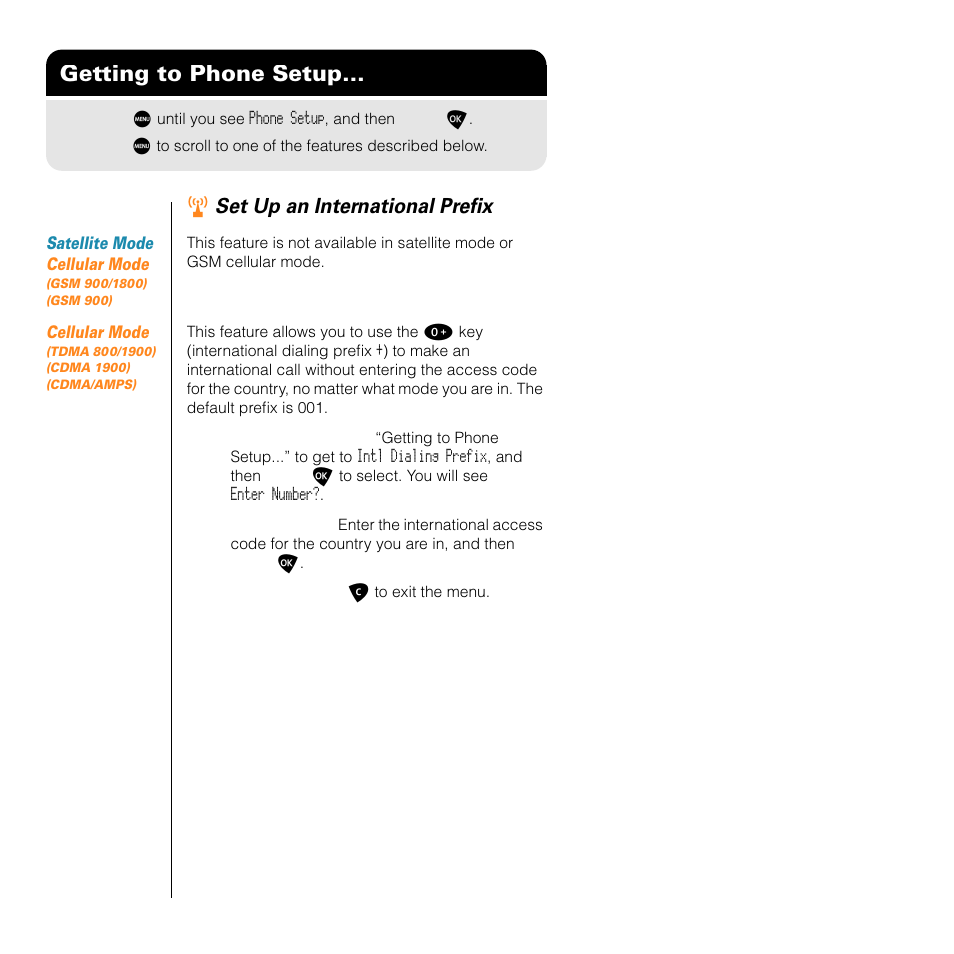 Getting to phone setup, Set up an international prefix | Motorola SATELLITE 9505 User Manual | Page 176 / 228