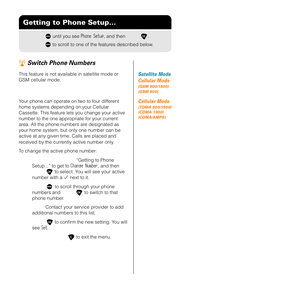 Getting to phone setup, Switch phone numbers | Motorola SATELLITE 9505 User Manual | Page 179 / 228